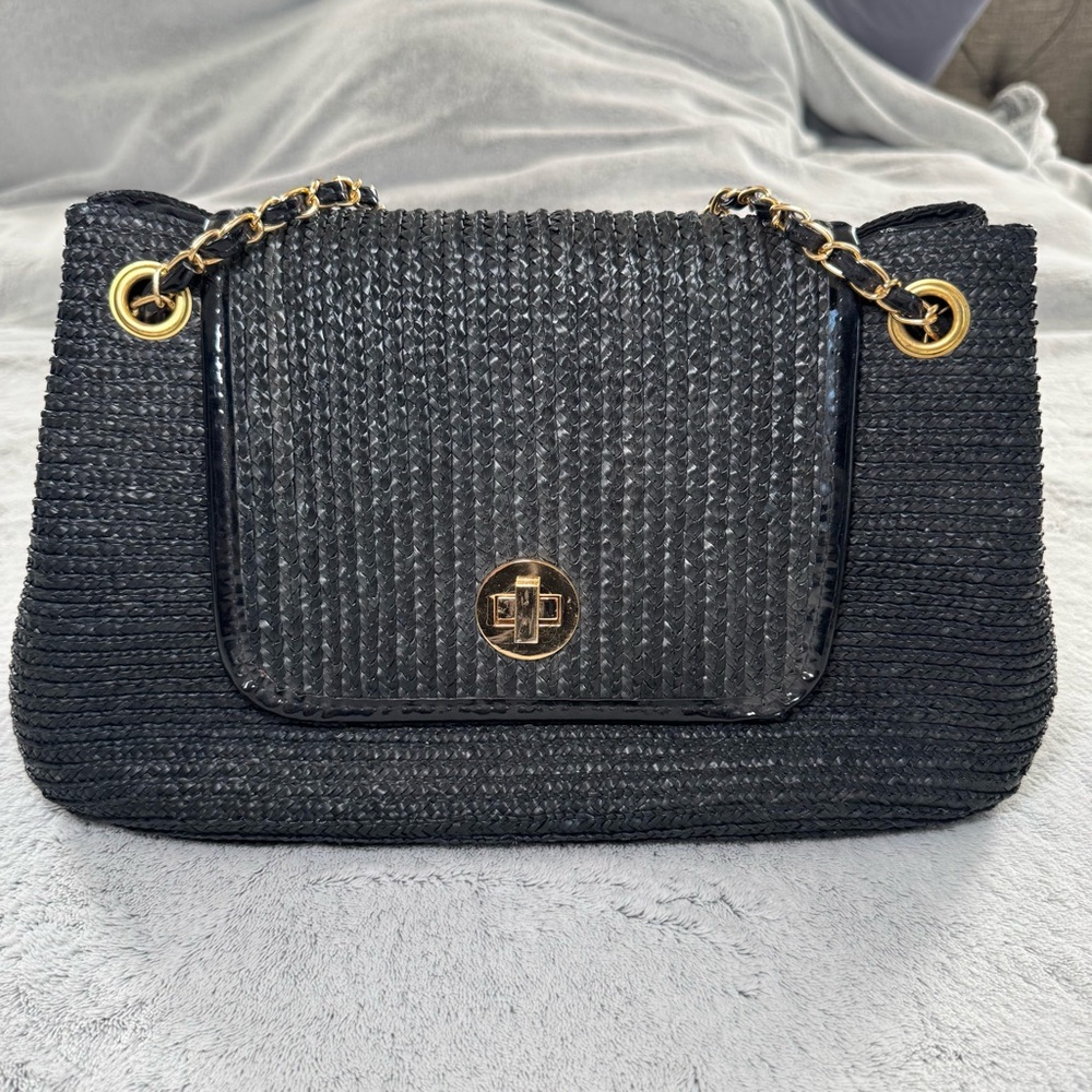 Barneys  New York Black 100% Wheat Straw Braided Shoulder Bag with Gold Hardware
